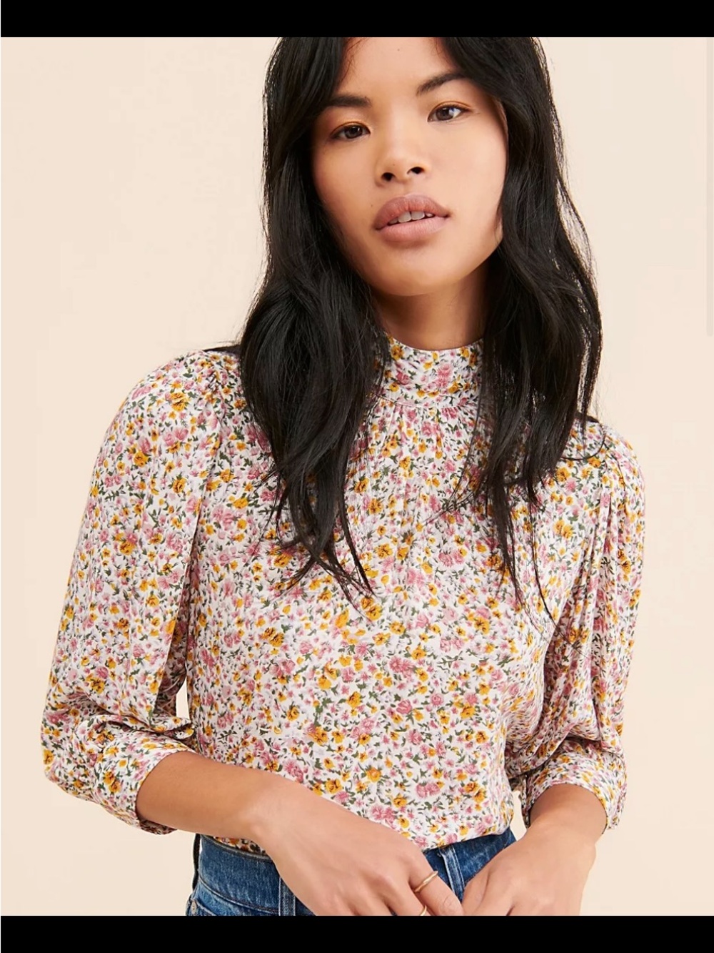 ROLLA'S Pink and Yellow Floral Smocked High-Neck Blouse